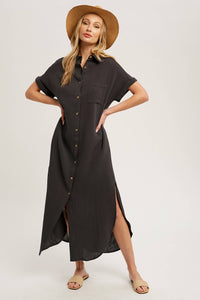 BUTTON UP MAXI SHIRT DRESS WITH POCKET