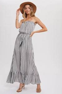 STRIPE BUTTON FRONT TUBE MAXI DRESS