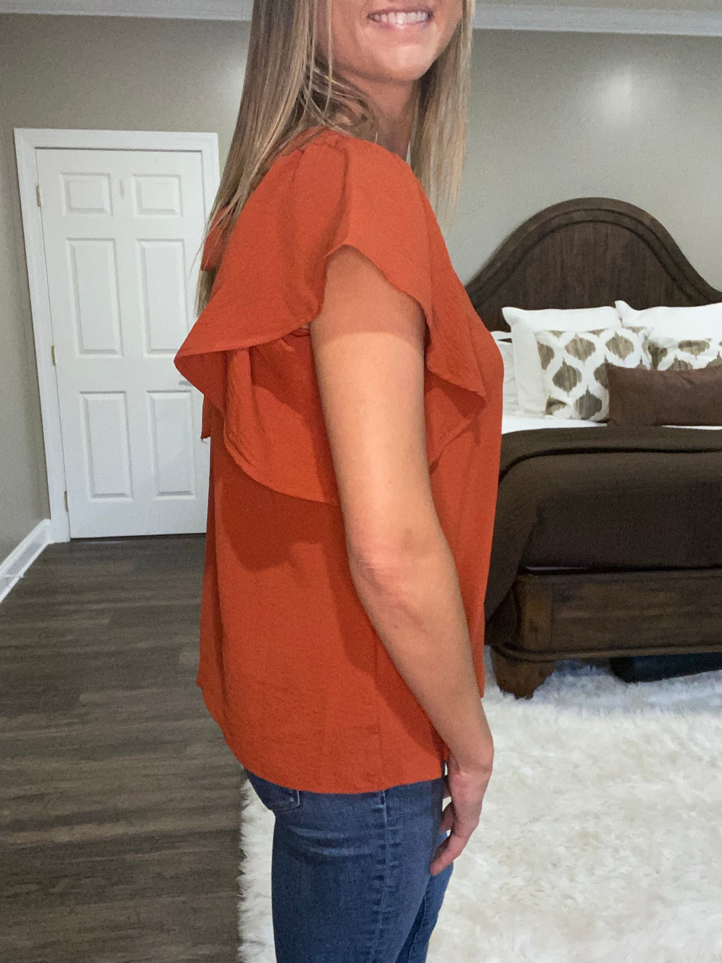 Burnt Orange Ruffle Sleeve