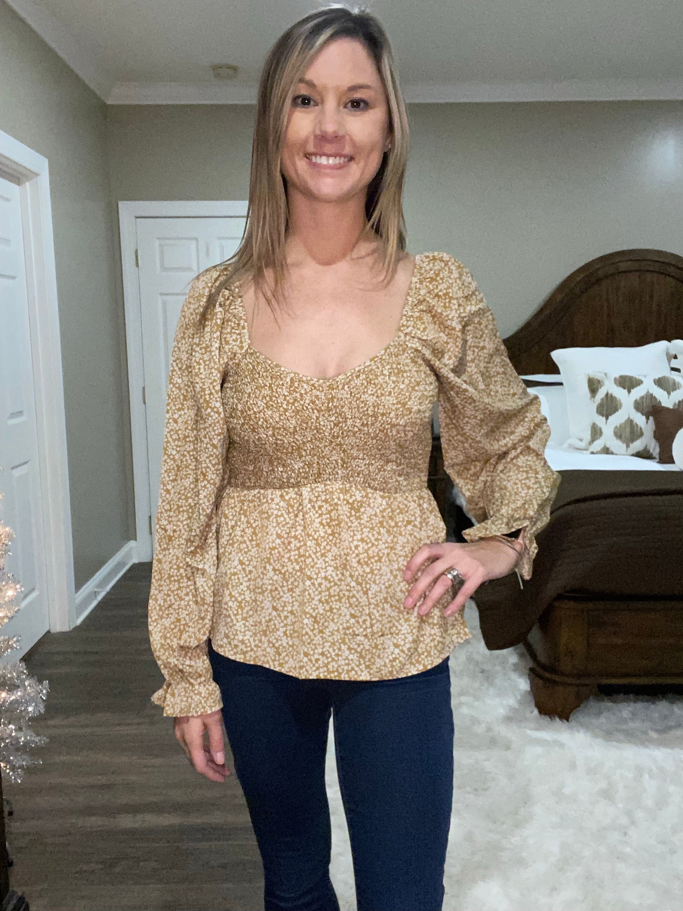 Tan Floral Smocked Top